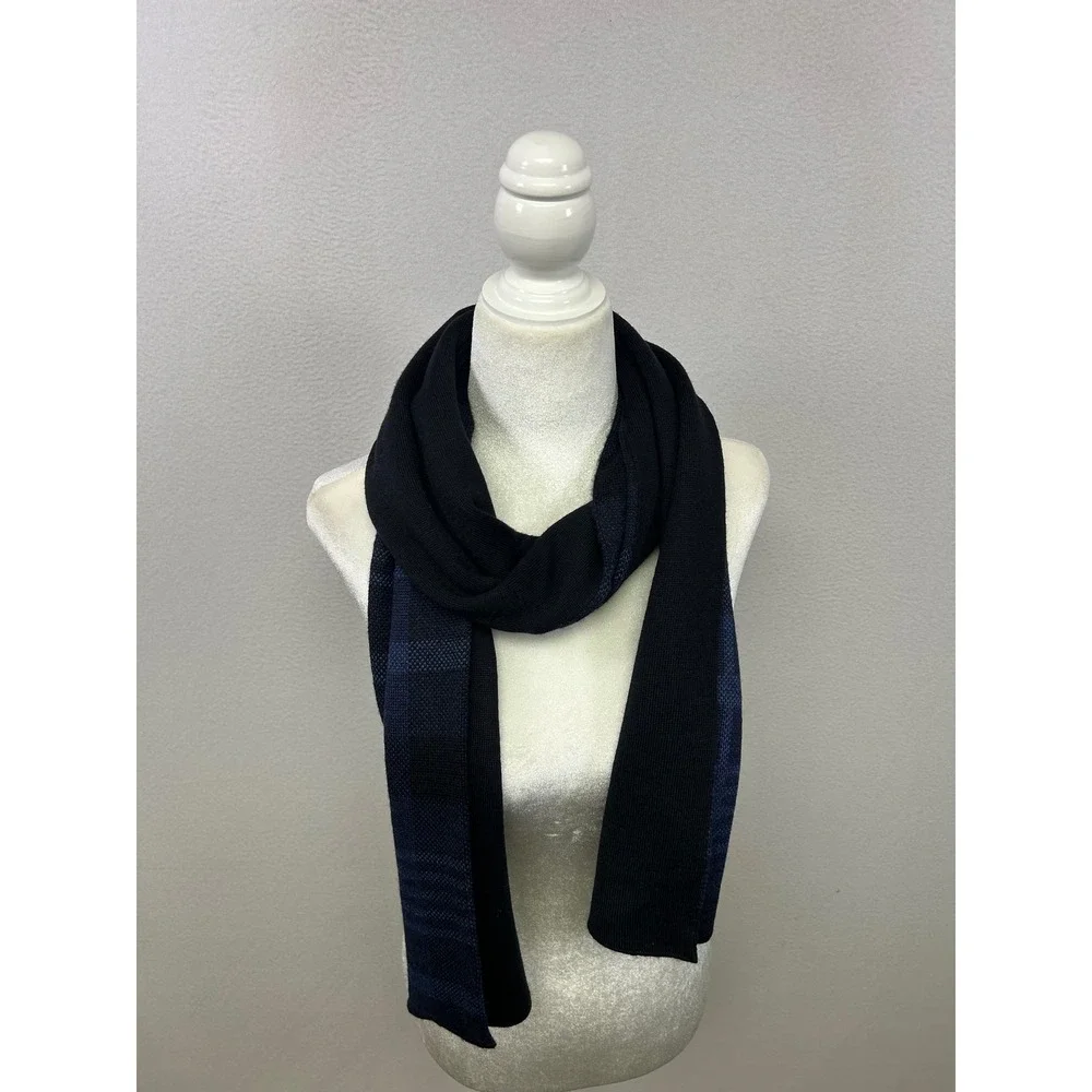 Classic Preppy Jos. A. Bank Mens OS Navy Blue Plaid Reversible Wool Blend Scarf